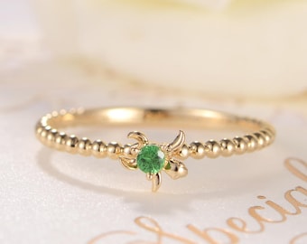 Tsavorite Ring Stacking Ring Eternity Beaded Gold Birthday Gift for Her Animal Inspired Ring Turtle Delicate Green Gemstone Women Promise