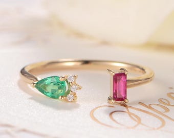 Pear Shaped Emerald Ring Open Ring Gold Baguette Ruby Cuff Ring Birthstone Diamond Halo Antique Unique Anniversary Women Half Halo Promise