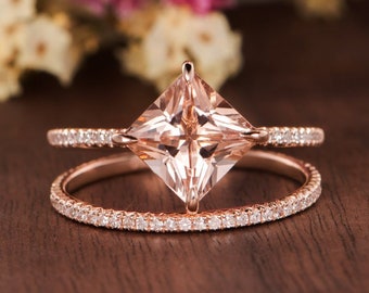 Unikat Morganit Verlobungsring Set Rosegold Brautset Prinzessin Cut Morganit Ring Diamant Jahrestag Full Eternity Hochzeit Band Frauen