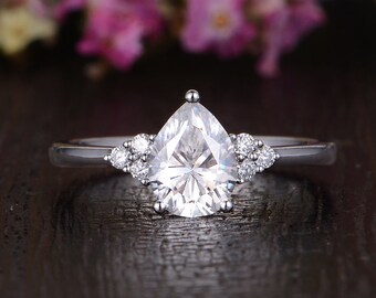 Pear Shaped Engagement Ring Moissanite Ring White Gold Engagement Cluster Ring Moissanite Cluster Ring Custom Solitaire Vintage Ring Women