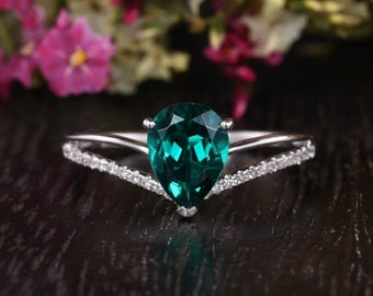 Antique Lab Emerald Engagement Ring White Gold Solitaire Ring Pear Shaped Lab Emerald May Birthstone Diamond Ring Women Bridal Chevron Ring