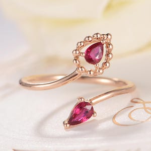 Ruby Ring Rose Gold Open Ring Antique Retro Birthstone Pear Shaped Cut Cuff Ring Halo Beaded Thin Flower Anniversary Women Unique Spiral