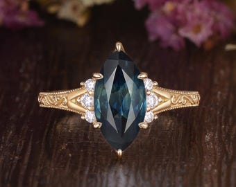 Unique Engraved Marquise Teal Sapphire Engagement Ring Cluster Moissanite Solid Gold Milgrain Ring Vintage Hand Carved Ring Anniversary Gift