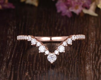 Vintage Moissanite Wedding Band Art Deco Yellow Gold Curved Band Ring Delicate Half Eternity Birthstone Matching Band Anniversary Gifts