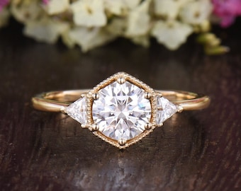 Antique Moissanite Engagement Ring Hexagon Milgrain Halo Ring Three Stone Triangle Diamond Promise Ring Filigree Ring Vintage Gift For Her