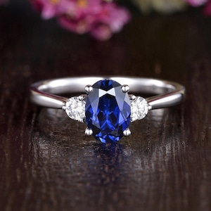 Lab Sapphire Engagement Ring Three Stones Ring White Gold Natural Diamonds September Birthstone Ring For Women Custom Anniversary Gift Oval