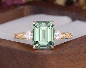 Engraved Emerald Cut Green Sapphire Engagement Ring Yellow Gold Victorian Vine Filigree Wedding Ring Art Deco Promise Ring Anniversary rings