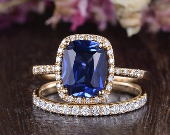 4ct Sapphire Bridal Set 2pcs Solid Gold Engagement Ring Birthstone Ring Sets Straight Wedding Band Matching Ring Halo Cushion Vintage Ring