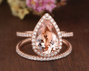 3.5ct Pear Shaped Morganite Engagement Ring Rose Gold 8x12mm Morganite Ring Set Stacking Diamond Halo FULL Eternity Band Woman 2pcs