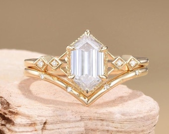 Milgrain Hexagon Moissanite Bridal Ring Set Unique Engagement Ring Star Wedding Band Women Art Deco Solid Gold Ring Vintage Anniversary Gift