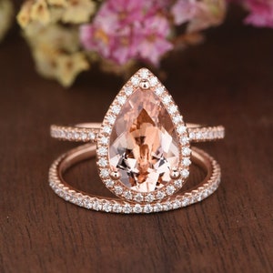 3.5ct Pear Shaped Morganite Engagement Ring Rose Gold 8x12mm Morganite Ring Set Stacking Diamond Halo FULL Eternity Band Woman 2pcs