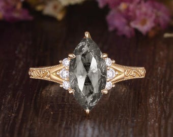 Marquise Salt And Pepper Diamond Engagement Ring Vintage Engraved Yellow Gold Moissanite Ring Handmade Milgrain Promise Ring Gift For Her