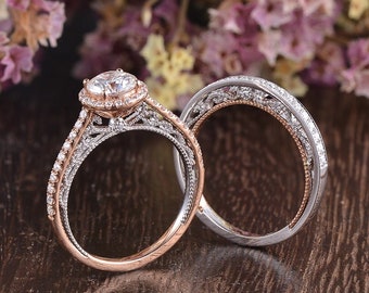 Filigree 1ct Round Moissanite Engagement Ring Set Peekabo Art Deco Wedding Ring Milgrain Halo Diamond Set mixed Metal Ring Petal Basket 2pcs