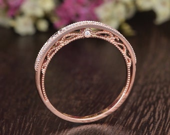 Art Deco Diamant Ehering Frauen Vintage Moissanite Stack Band Mixed Metal Milgrain Band Rosegold Peekaboo Filigrane Details Ehering