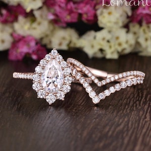 1.5ct Pear Shaped Moissanite Engagement Ring Set Vintage Unique Double Chevron Band Stacking Halo Engagement Ring Rose Gold Bridal 2pcs image 1