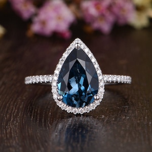 Pear Shaped London Blue Topaz Engagement Ring White Gold Engagement Ring 812mm 3ct Cocktail Ring Unique Birthstone Promise Anniversary Gift image 1