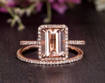 Emerald Cut Morganite Bridal Set Rose Gold Engagement Ring Antique Eternity Diamond Woman Stqacking Wedding Band Promise Anniversary 2pcs