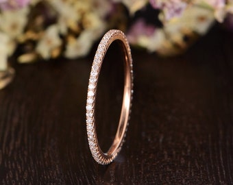 Wedding Band Rose Gold Women Diamond Wedding FULL Eternity Minimalist Simple Dainty Stacking Delicate Anniversary Promise Engraving Promise