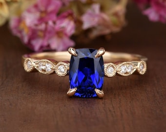 Lab Sapphire Engagement Ring Elongated Cushion Cut Sapphire Ring Natural Diamond Art Deco Solitaire Woman Antique Anniversary Claw Prongs