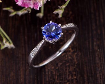 Antique Tanzanite Engagement Ring White Gold Solitaire Ring Diamond Minimalist Anniversary Promise Bridal Tapered Band Hlaf Eternity Ring