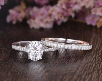 Solitaire 1.5ct Oval Moissanite Engagement Ring Set Peekabo Art Deco Wedding Ring Milgrain Halo Diamond Set mixed Metal Ring Petal Basket