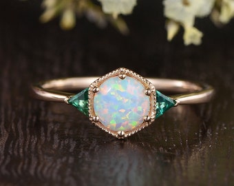 Opal Engagement Ring Triangle Lab Emerald Ring Antique Hexagon Halo Ring Milgrain Solitaire Ring Beaded Geometric Ring Six Prongs Birthstone