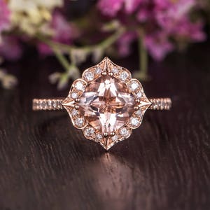 Morganite Engagement Ring Rose Gold Flower Antique Cushion Cut Morganite Diamond Halo Retro Anniversary Promise Gift Women Bridal Wedding image 2