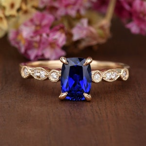 Lab Sapphire Engagement Ring Elongated Cushion Cut Sapphire Ring Natural Diamond Art Deco Solitaire Woman Antique Anniversary Claw Prongs
