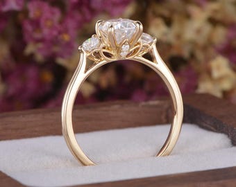 Unique Pear Moissanite Engagement Ring Vintage Three Stone Yellow Gold Ring Dainty Floral Setting Promise Ring Handmade Jewelry Gift For Her
