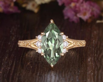 Vintage Engraved Marquise Green Sapphire Engagement Ring Art Deco Yellow Gold Culster Moissanite Promise Ring Unique Hand Carved Custom Ring