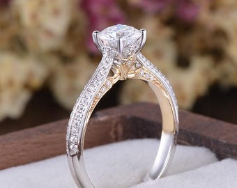 Two Tone Moissanite Engagement Ring Solid Gold Unique Hidden Halo Ring Victorian Solitaire Ring Cathedral Diamond Ring Handmade Jewelry Gift
