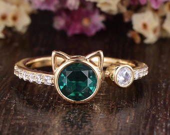 Art Deco Emerald Engagement Halloween Cat Ring Yellow Gold Wedding Ring Unique Emerald Ring Available Cat Ring Minimalist Wedding Band Gift