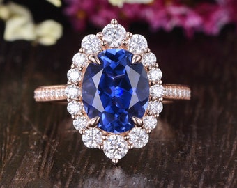 Blue Sapphire Engagement Ring Vintage Halo Sapphire Ring Rose Gold Ring September Birthstone Women Oval cut Natural Diamond Anniversary Ring