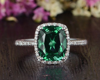 Cushion Cut Lab Emerald Engagement Ring White Gold Engagement Ring Cushion May Birthstone Moissanite Elongated Cushion Ring Women Halo Ring