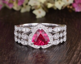 Triangle Cut Ruby Engagement Ring Set Trillion Ruby Diamond Ring Half Eternity Wedding Ring Antique Art Deco Bridal Set July Birthstone Ring