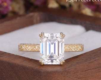 Vintage Engraved Emerald Cut Moissanite Engagement Ring Women Victorian Yellow Gold Hidden Halo Wedding Ring Hand Carved Custom Promise Ring