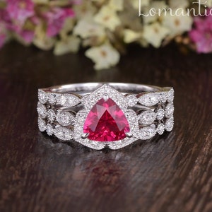 Triangle Cut Ruby Engagement Ring Set Trillion Ruby Diamond Ring Half Eternity Wedding Ring Antique Art Deco Bridal Set July Birthstone Ring