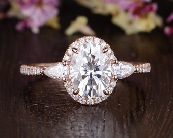 1.5ct Oval Colorless Moissanite Engagement Ring Moissanite Ring Rose Gold Pear Shaped Moissanite Halo Claw Prongs Cluster Ring Unique Ring