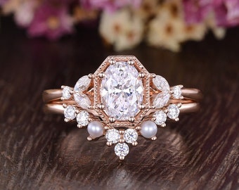 Art Deco Engagement Ring Bridal Ring Set Pearl Wedding Band Rose Gold Engagement Ring Milgrain Beaded  Marquise Moissanite Ring For Her 2pcs