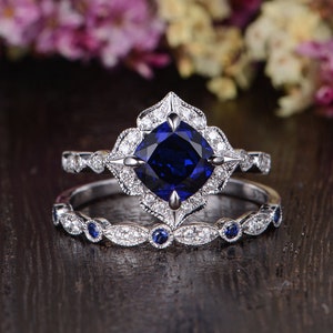 Art Deco Bridal Set White Gold Engagement Ring Cushion Cut Lab Sapphire Ring September Birthstone Wedding Band Alternating Diamond Band 2pcs image 1