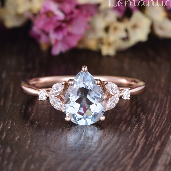 1CT Pear Shaped Aquamarine Engagement Ring Rose Gold Antique Cluster Ring Marquise Moissanite Ring March Birthstone Diamond Anniversary Gift