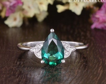 Vintage Celtic Emerald Moissanite Engagement Ring Diamond White Gold Pear Solitaire Minimalist Unique May Birthstone Wedding Ring For Women