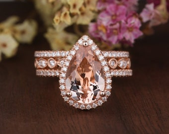 8X10mm Morganite Engagement Ring Set Art Deco 2.5ct Morganite Ring Set 3pcs Diamond Eternity Band Morganite Bridal Set 14K Rose Gold Gift