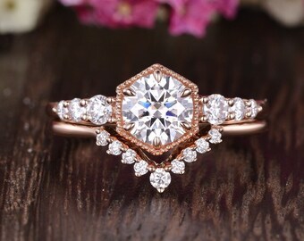 0.8ct Hexagon Engagement Ring Wedding Ring Rose Gold Unique Cluster Art Deco Marquise wedding Band Women Moissanite Engagement Ring Set 2pcs