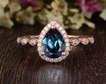 London Blue Topaz Engagement Ring Art Deco Engagement Ring Rose Gold Diamond Halo Antique Ring Unique Vintage Bridal Ring Women Topaz Ring