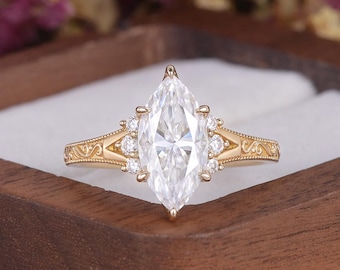 Vintage Inspired Marquise Moissanite Engagement Ring Handcrafted Filigree Yellow Gold Art Deco Milgrain Bridal Ring Anniversary Gifts
