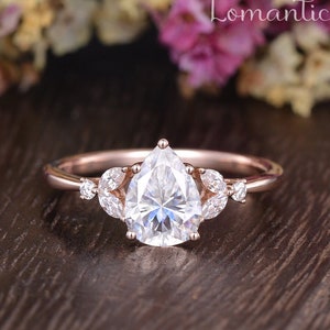 Moissanite engagement ring Pear shaped ring Rose gold Unique diamond Cluster Wedding ring vintage Bridal ring anniversary gift for women