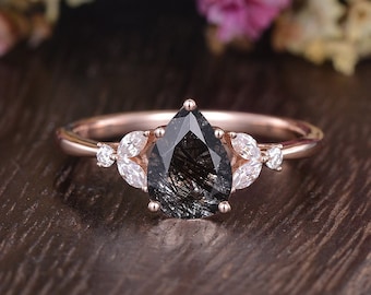 Pear Shaped Crystal Engagement Ring Rose Gold Antique Cluster Ring Marquise Moissanite Ring Crystal Ring Diamond Leafy Band Anniversary Gift