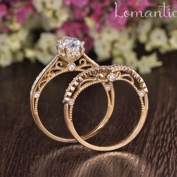 Filigree Engagement Ring 2pcs 1.6ct Moissanite Hidden Halo Unique Ring Antique Rose Gold Engagement Ring Cathedral Art Deco Flower Vine