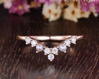 Vintage Pearl Wedding Band Round Shaped Rose Gold Pearl Stacking Ring Art Deco Curved Moissanite Matching Ring Promise Ring Gift For Her
